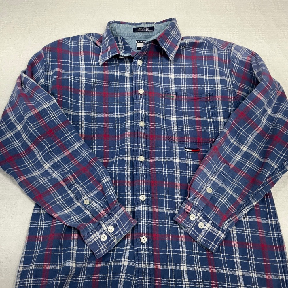Tommy Jeans Mens‎ Large Blue Red Plaid Long Sleeve Button Down Cotton Shirt